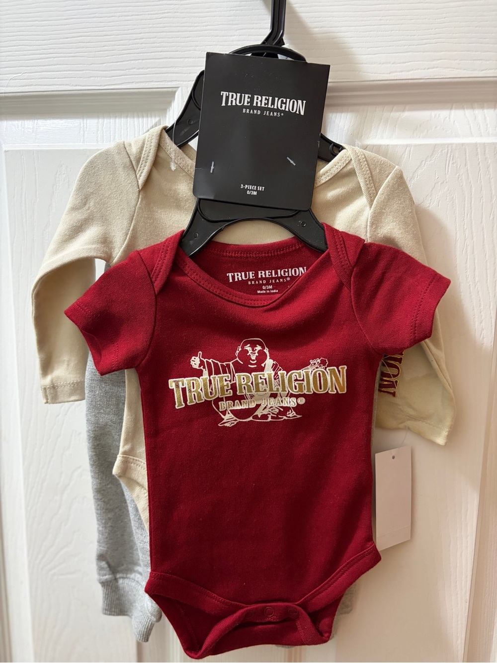 True Religion Baby Bodysuit Set - Red, Cream & Gray